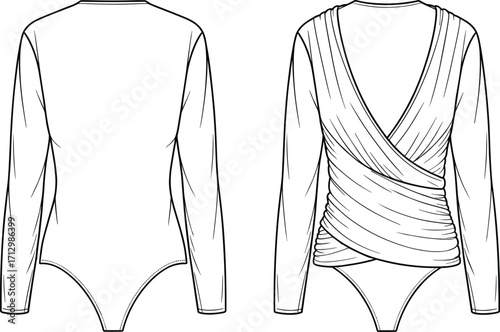 Fashion technical flat sketch of women’s long sleeve bodysuit with deep V wrap front, ruched torso, high cut leg, and plain back