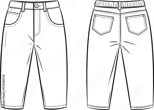 Fashion technical flat sketch of casual cropped pants with button closure, belt loops, elastic back waistband, pockets, and detailed stitching design