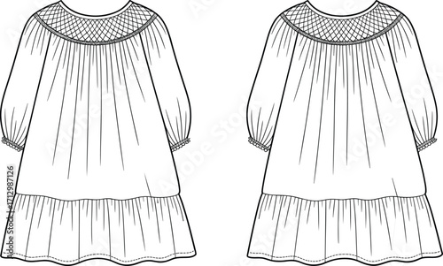 Fashion technical flat sketch of long sleeve smocked dress with tiered skirt, gathered cuffs, round neckline, and decorative trim details