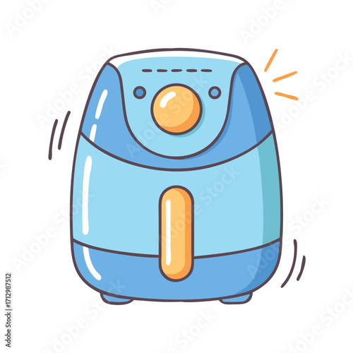 Cartoon air fryer illustration with control panel and vents in blue tones