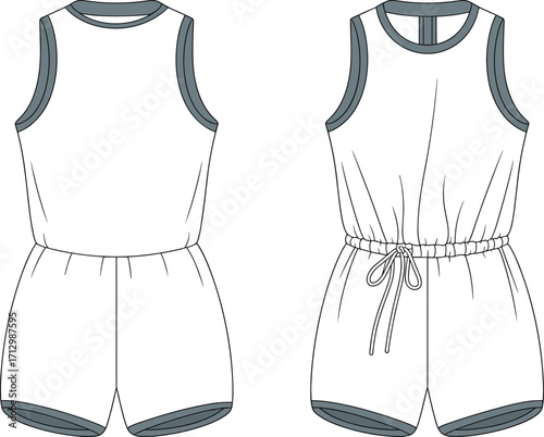 Flat fashion vector illustration of sleeveless romper with elastic waistband, drawstring, contrast trim, front and back technical garment views
