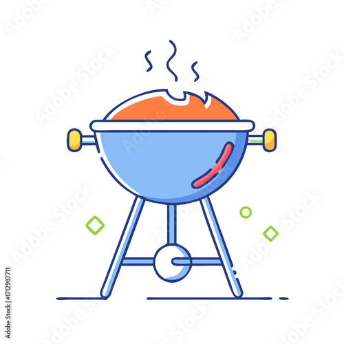 Illustration of a barbecue grill with steaming food, prepared for cooking outdoors