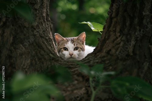 A cat rests and gazes at th...