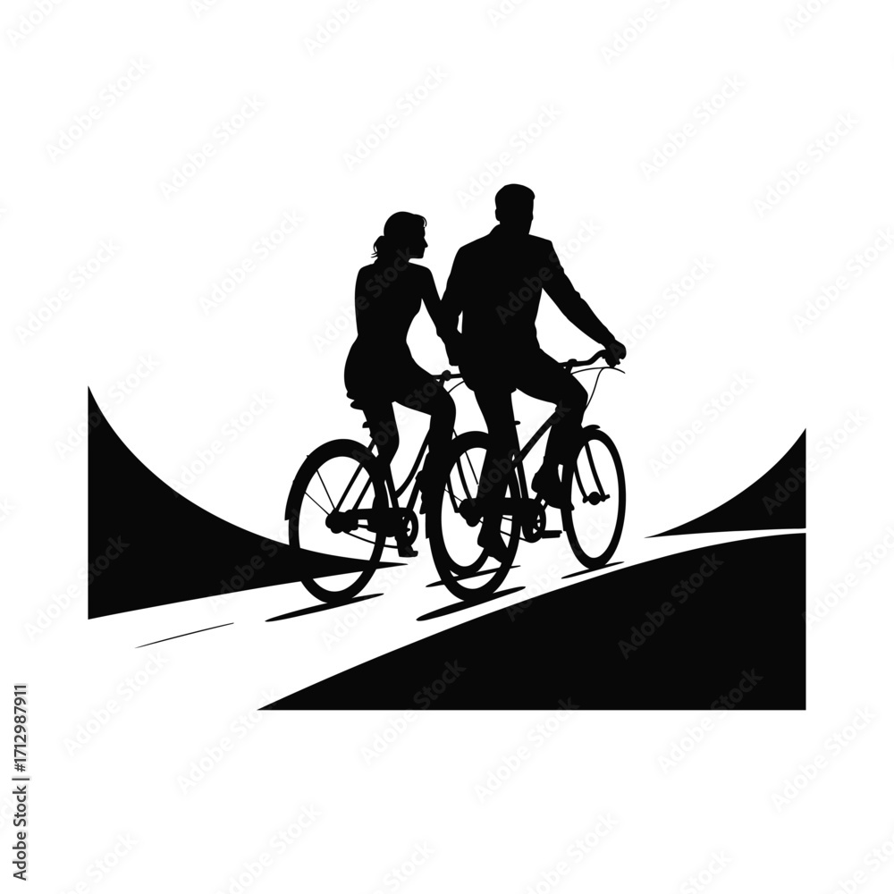 Obraz premium Couple Cycling Silhouette Illustration on a Path Enjoying Outdoor Recreation