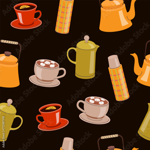 Seamless pattern with teapots coffee mugs hot chocolate and thermos bottles in cozy warm colors on dark background