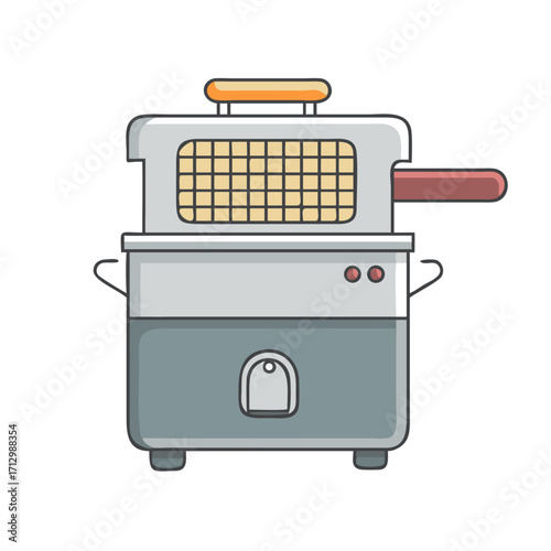 Illustration of a countertop deep fryer appliance with basket and handle