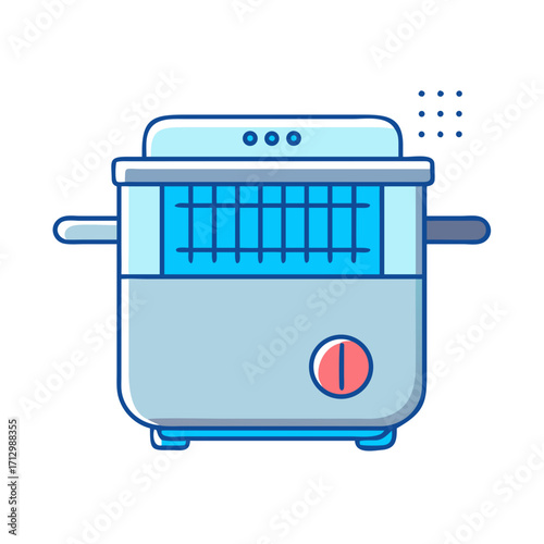 Simplified illustration of a convection oven appliance with blue and red accents