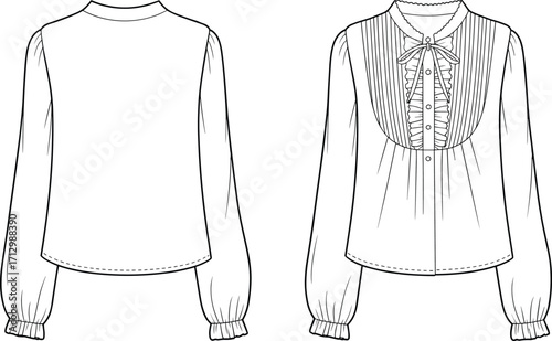 Elegant vintage long sleeve blouse fashion flat sketch with pleated front, ruffle bow tie neckline, gathered cuffs, and curved hem design