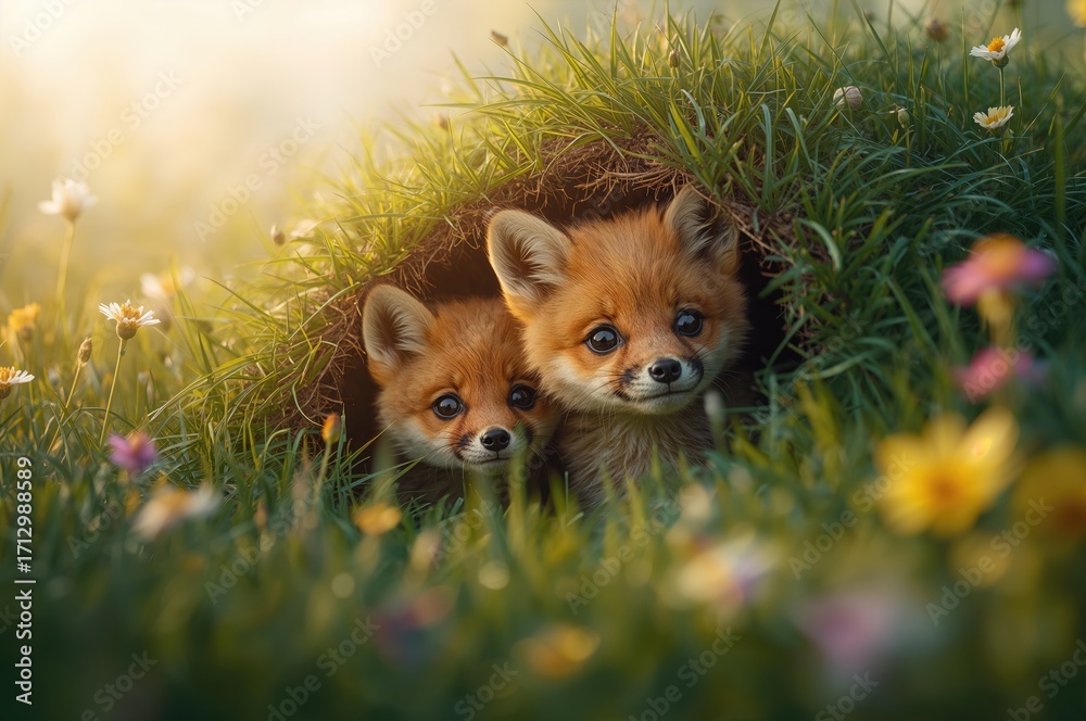Fototapeta premium Young swift-foxes peek out inquisitively from their burrow