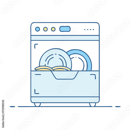 A minimal vector illustration of a dishwasher machine loaded with dishes