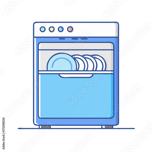 Illustration of a blue and white dishwasher full of clean dishes