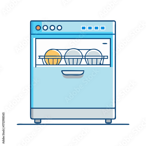 An illustration of a blue dishwasher with dishes ready to be washed