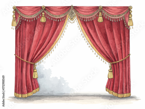 Illustration of red stage curtains with gold tassels and trim in a theatrical setting design element