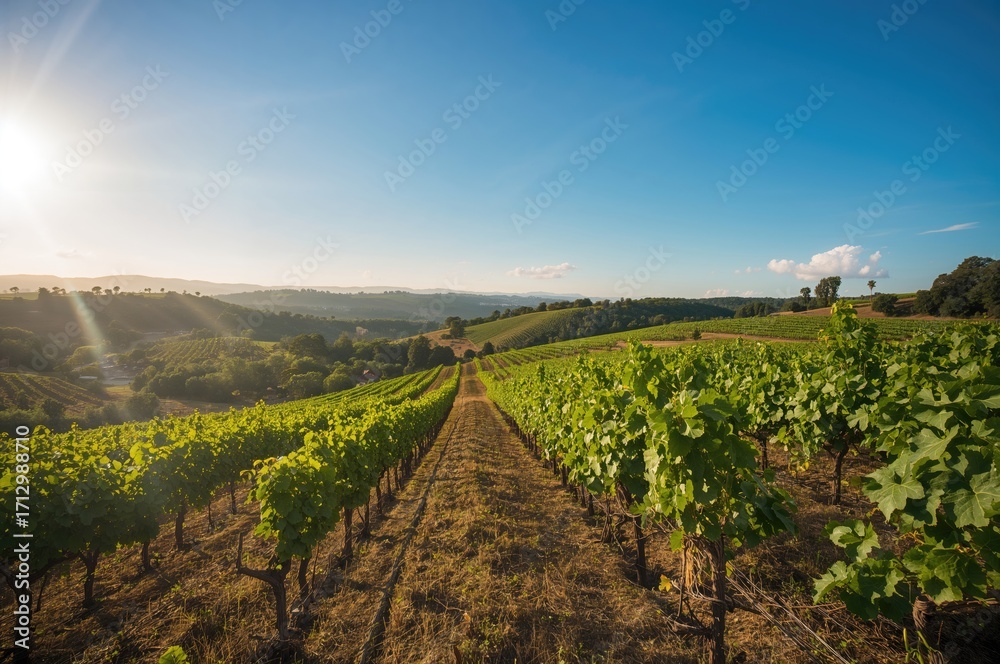 Fototapeta premium Vineyard bathed in sunlight amidst undulating terrain