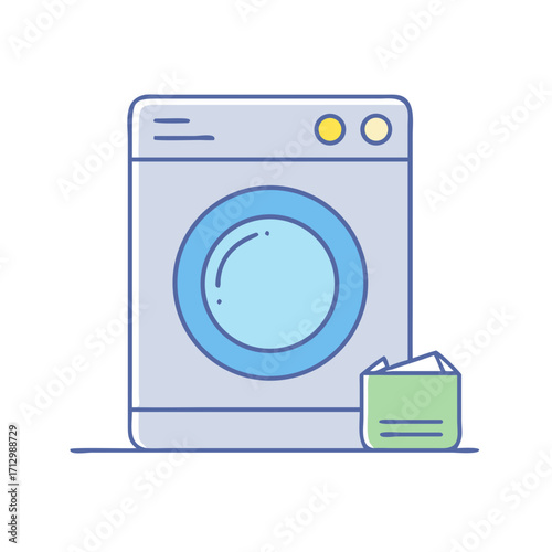 Whimsical washing machine illustration with a green laundry basket full of clothes