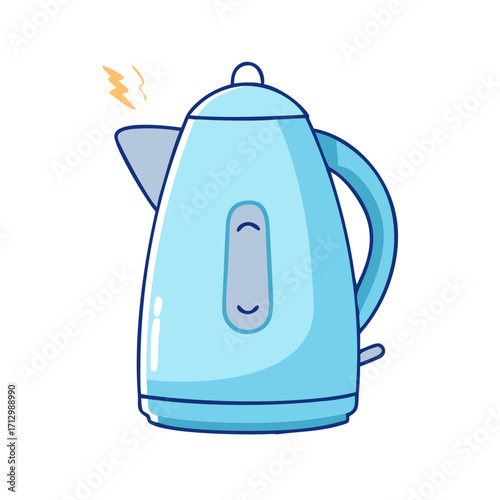 A light blue electric kettle with a water level indicator and steam