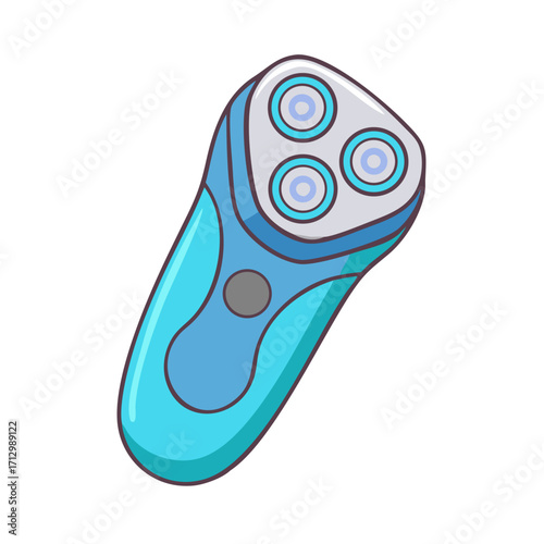 A blue electric razor with a gray button on a white background