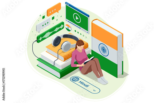 Hindi, India. Isometric person learning a foreign language with a virtual assistant on a tablet, showcasing modern digital education. Modern AI assistant for education, e-learning