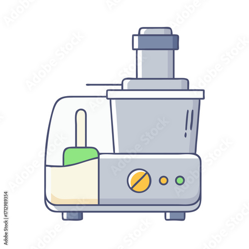 Illustration of a modern gray and beige food processor appliance