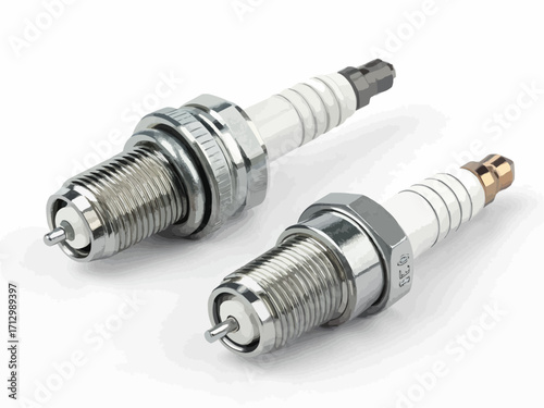 Two spark plugs for internal combustion engines displayed against a white background in a close up view