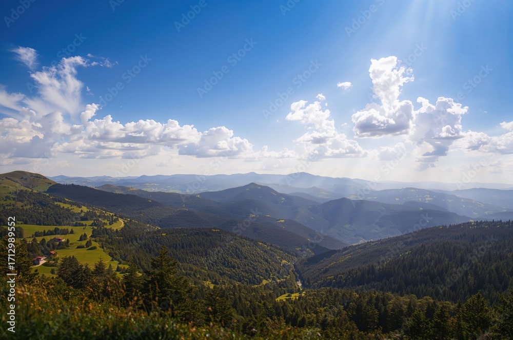 Naklejka premium Sunny day panoramic view of a mountain ridge in summer, perfect for adventure seekers.