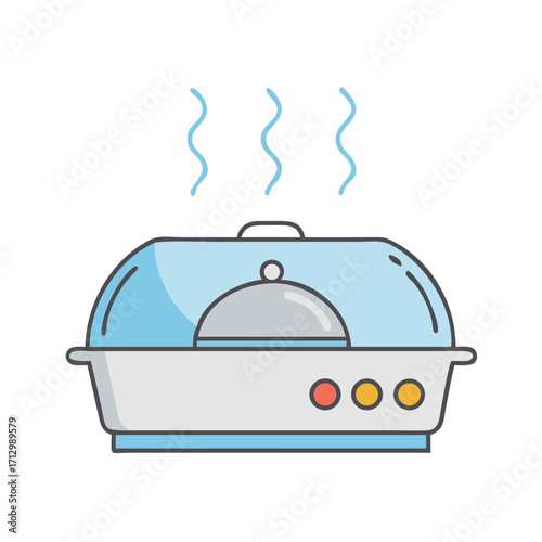 Cartoon illustration of a hot food buffet warmer with steam rising