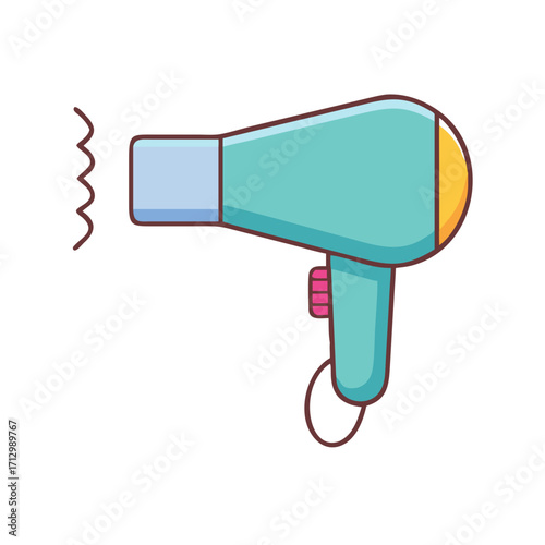 Cartoon Hair Dryer in Teal and Yellow with Brown Outline Illustration