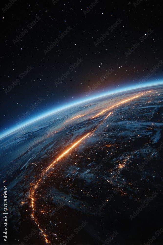 Obraz premium Earth's curvature, illuminated by city lights, vast space