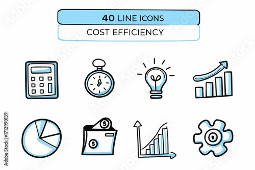 Illustration of cost efficiency icons including calculator time lightbulb and graph elements arranged