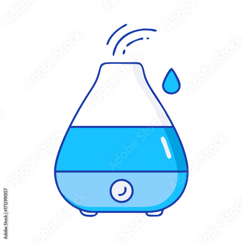Blue ultrasonic humidifier with vapor coming out and a water droplet