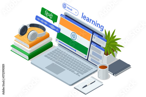 Hindi, India. Isometric person learning a foreign language with a virtual assistant on a tablet, showcasing modern digital education. Modern AI assistant for education, e-learning