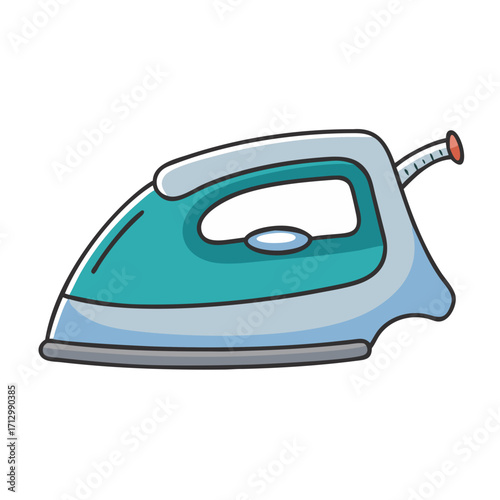 Cartoon Illustration of a Corded Electric Iron with a Light Blue Color