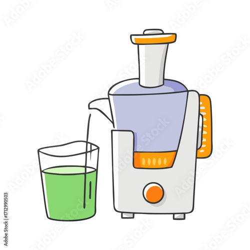 Hand Drawn Juicer Extracting Green Vegetable Juice into a Clear Glass