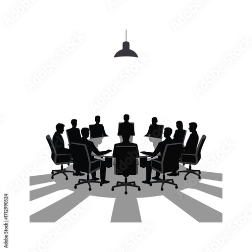 Business Meeting Silhouette Illustration Around Conference Table with Overhead Lighting