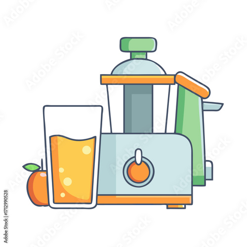 Colorful Juicer, Glass of Orange Juice, and an Apple Ready for Healthy Living