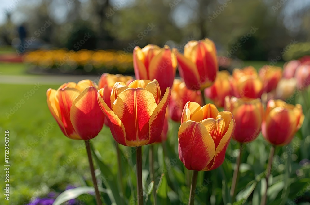 Fototapeta premium Close-up of vibrant red and yellow tulips in a spring garden