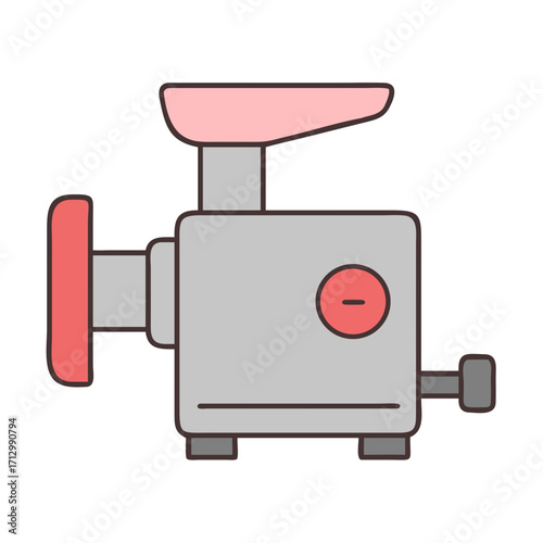 Cartoon illustration of a meat grinder machine with handle and tray