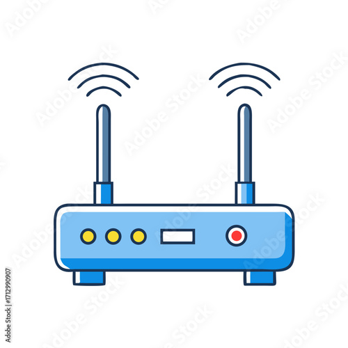 Cartoon illustration of a wireless router with antennas broadcasting internet signal