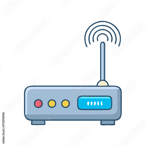 Stylized Cartoon Wireless Router with Antenna Emitting WiFi Signal Waves