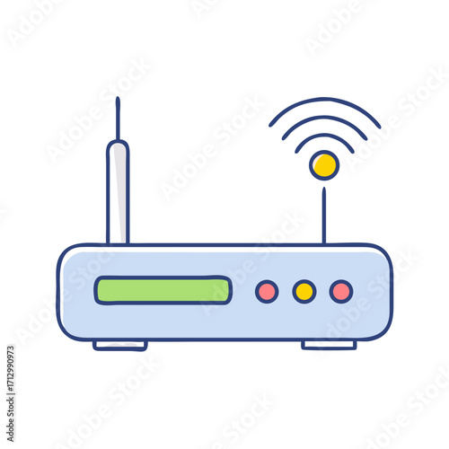 Cartoon depiction of a wireless internet router broadcasting a strong signal
