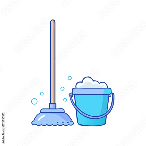 Cartoon illustration of a mop and a bucket full of cleaning supplies