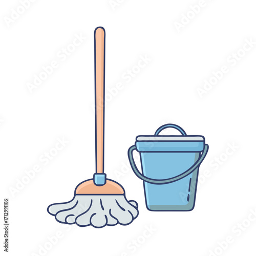 Illustration of a cleaning mop and a bucket filled with water