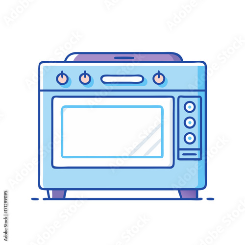 Cute cartoon oven in light blue and purple, ready for baking