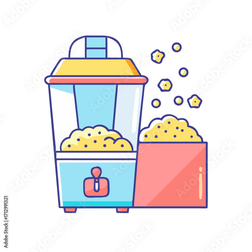 Retro popcorn machine icon with popcorn flying and container filled with popcorn