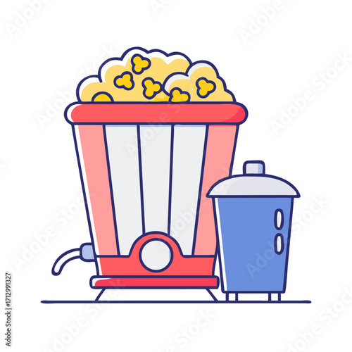 Retro popcorn machine with an old fashioned blue waste bin illustration
