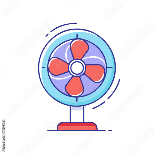 Illustration of a tabletop fan with blue and red color palette