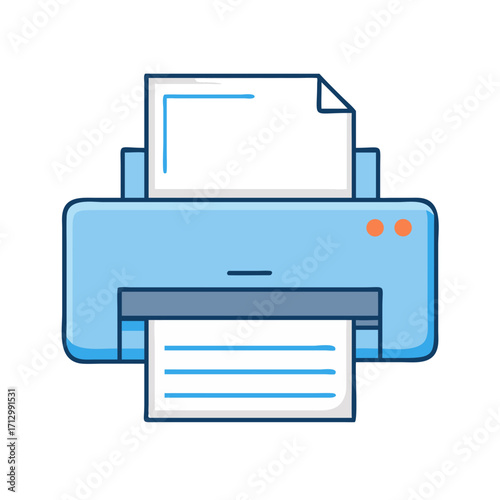 Illustration of a light blue printer in operation, producing documents