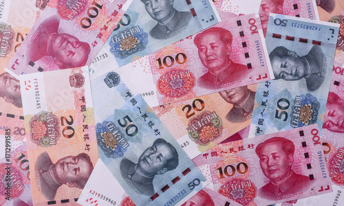 Chinese paper money, yuans in various denominations. China money