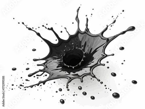 A dynamic splash of black liquid with droplets and a central vortex on a white background is displayed