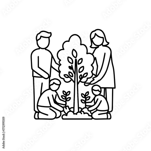 A black-and-white illustration of a group of people (adults and children) planting and watering a young tree together, symbolizing concern for nature and collective efforts.